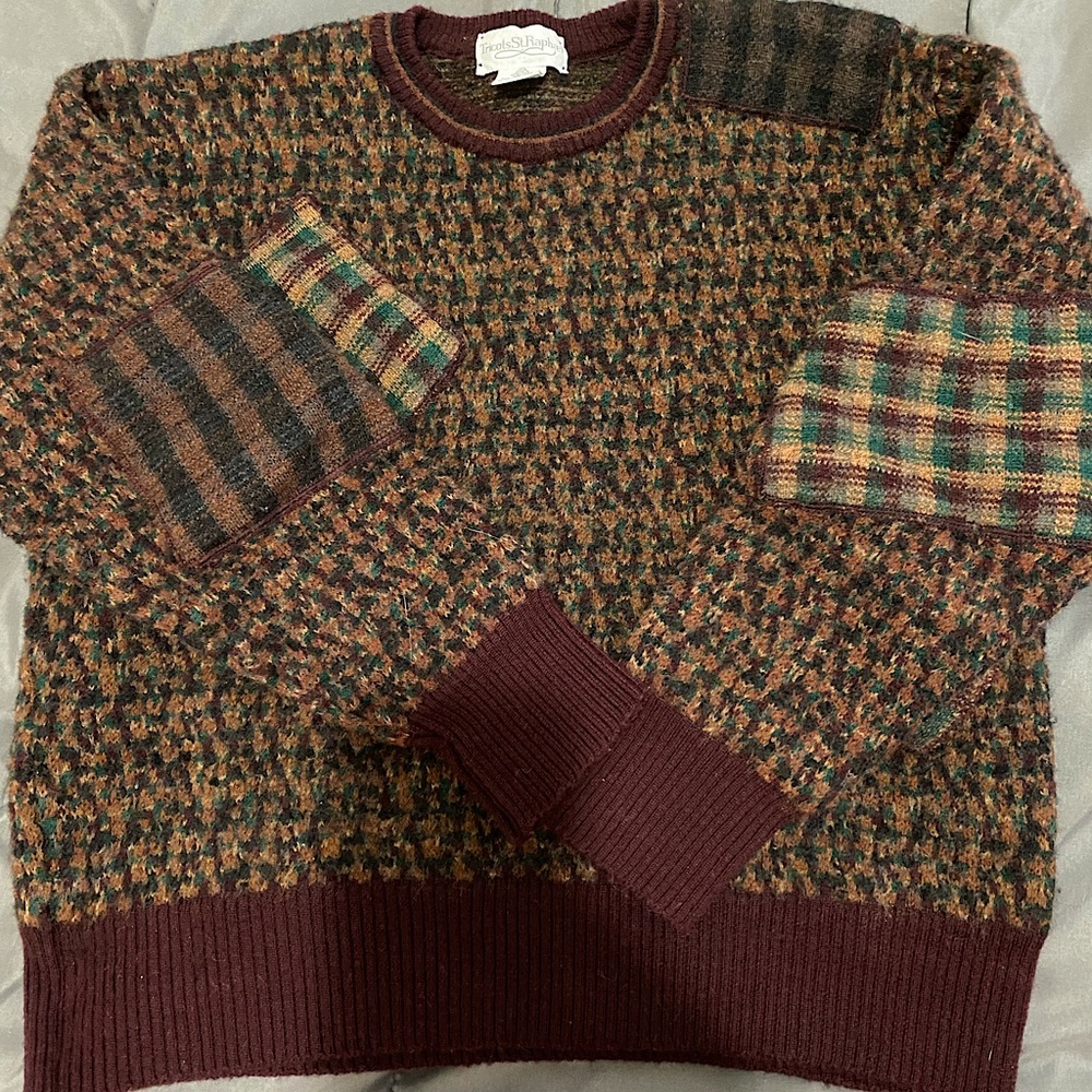 Vintage 80’s Tricots St Raphael Earthy Multi Patchwork Wool Sweater